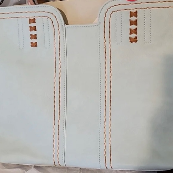 NWT Montana West Tote Bag Top Handle Oversized Handbag Light Blue Brown Piping - Picture 3 of 14